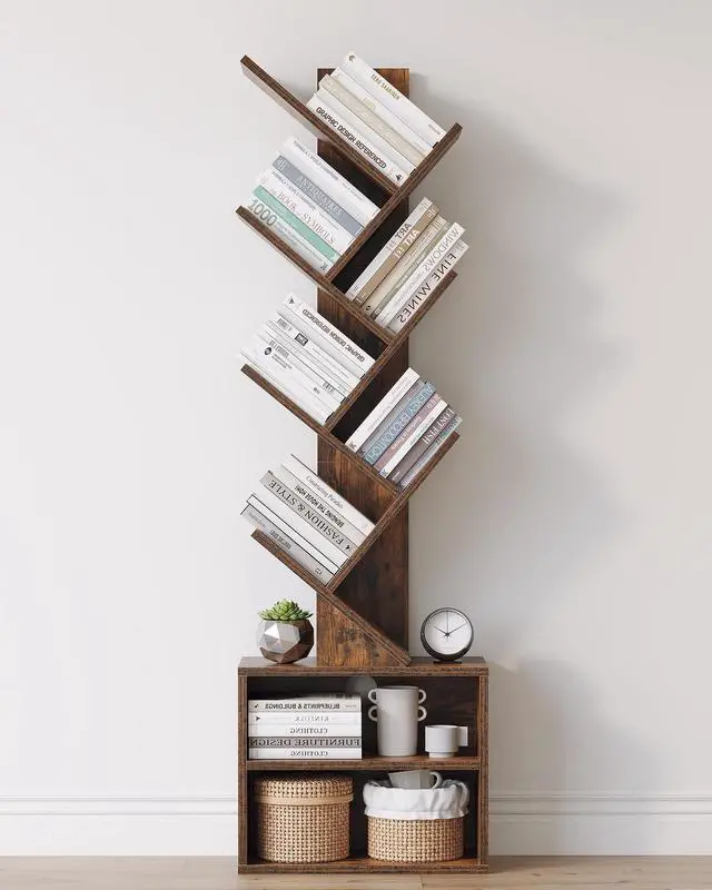 Main image of 6 Tier Tree Bookshelf, Tall Small Bookcase with Storage Cabinet | Modern Narrow Bookshelves Organizer, Floor Standing Book Case Shelf for Bedroom Living Room Home Office Corner, Rustic Brown