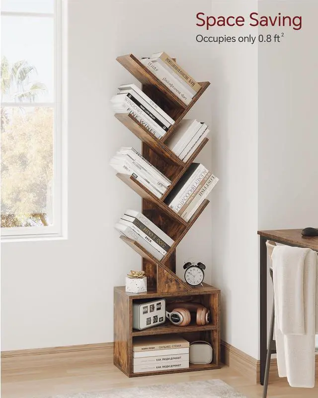Alt view image 2 of 7 - 6 Tier Tree Bookshelf, Tall Small Bookcase with Storage Cabinet | Modern Narrow Bookshelves Organizer, Floor Standing Book Case Shelf for Bedroom Living Room Home Office Corner, Rustic Brown