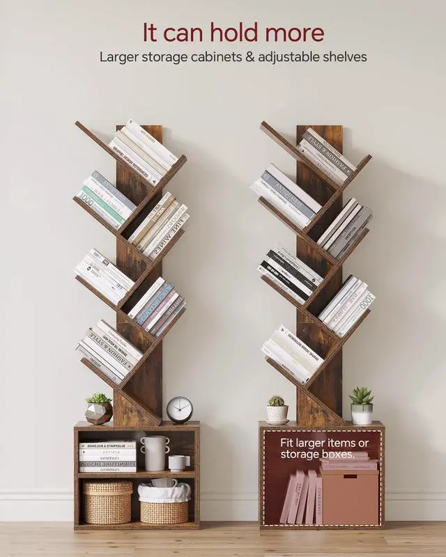 Alt view image 3 of 7 - 6 Tier Tree Bookshelf, Tall Small Bookcase with Storage Cabinet | Modern Narrow Bookshelves Organizer, Floor Standing Book Case Shelf for Bedroom Living Room Home Office Corner, Rustic Brown