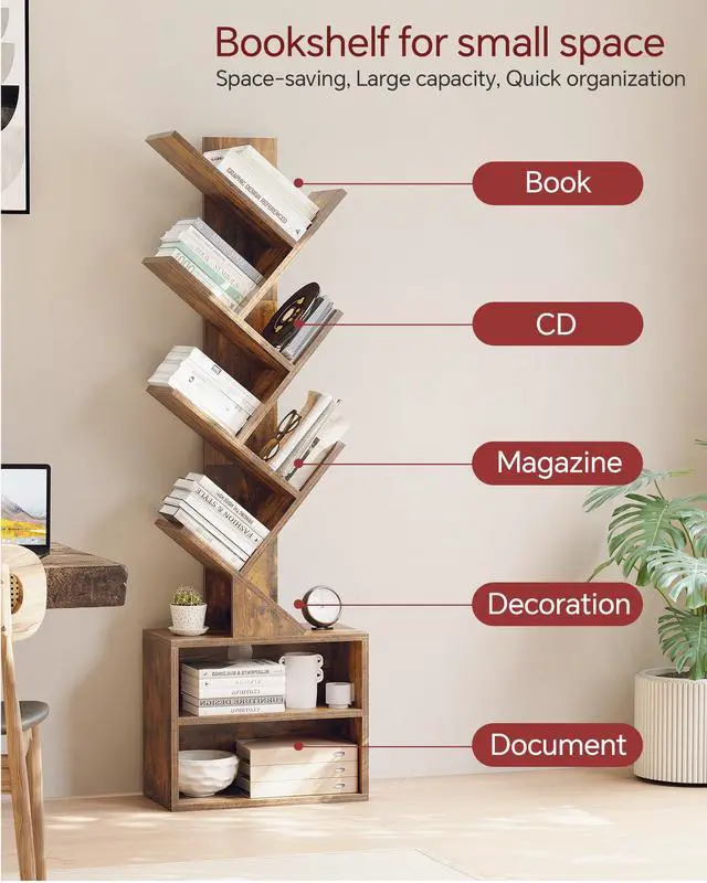 Alt view image 7 of 7 - 6 Tier Tree Bookshelf, Tall Small Bookcase with Storage Cabinet | Modern Narrow Bookshelves Organizer, Floor Standing Book Case Shelf for Bedroom Living Room Home Office Corner, Rustic Brown