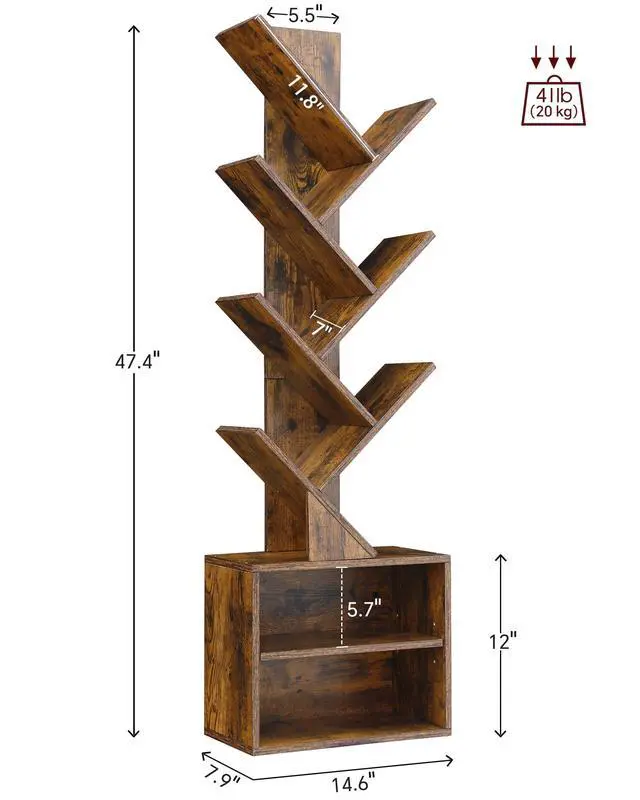 Alt view image 6 of 7 - 6 Tier Tree Bookshelf, Tall Small Bookcase with Storage Cabinet | Modern Narrow Bookshelves Organizer, Floor Standing Book Case Shelf for Bedroom Living Room Home Office Corner, Rustic Brown