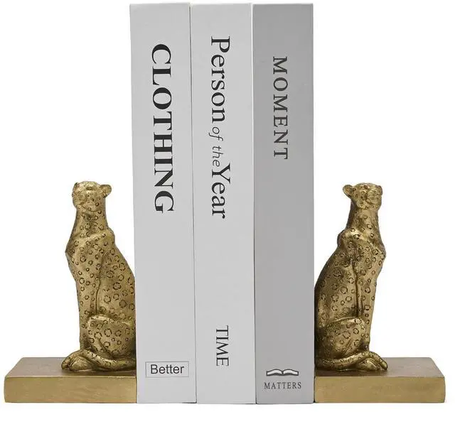 Main image of Gold Cheetah Book Ends, Decorative Leopard Bookends for Shelves | Vintage Book Stoppers Shelf Decor, Non-Skid, Anti-Fade, Heavy Duty, Hold Books, Book Lovers Gift, Home/Office Ornament, Resin