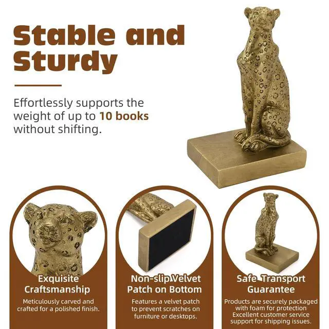 Alt view image 2 of 7 - Gold Cheetah Book Ends, Decorative Leopard Bookends for Shelves | Vintage Book Stoppers Shelf Decor, Non-Skid, Anti-Fade, Heavy Duty, Hold Books, Book Lovers Gift, Home/Office Ornament, Resin