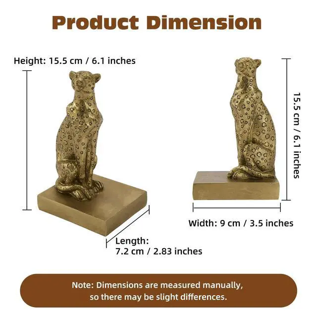 Alt view image 3 of 7 - Gold Cheetah Book Ends, Decorative Leopard Bookends for Shelves | Vintage Book Stoppers Shelf Decor, Non-Skid, Anti-Fade, Heavy Duty, Hold Books, Book Lovers Gift, Home/Office Ornament, Resin