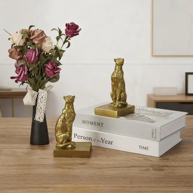 Alt view image 5 of 7 - Gold Cheetah Book Ends, Decorative Leopard Bookends for Shelves | Vintage Book Stoppers Shelf Decor, Non-Skid, Anti-Fade, Heavy Duty, Hold Books, Book Lovers Gift, Home/Office Ornament, Resin