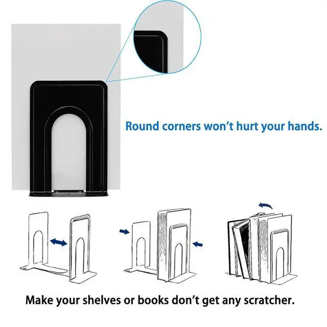 Alt view image 2 of 6 - Metal Book Ends for Shelves, Book Shelf Holder Home Decorative, Book Ends for Heavy Books/Movies/CDs, Black 6.5 x 5 x 5.7 in, 4 Pair/ 8 Piece | Book Ends for Heavy Books/Movies/CDs