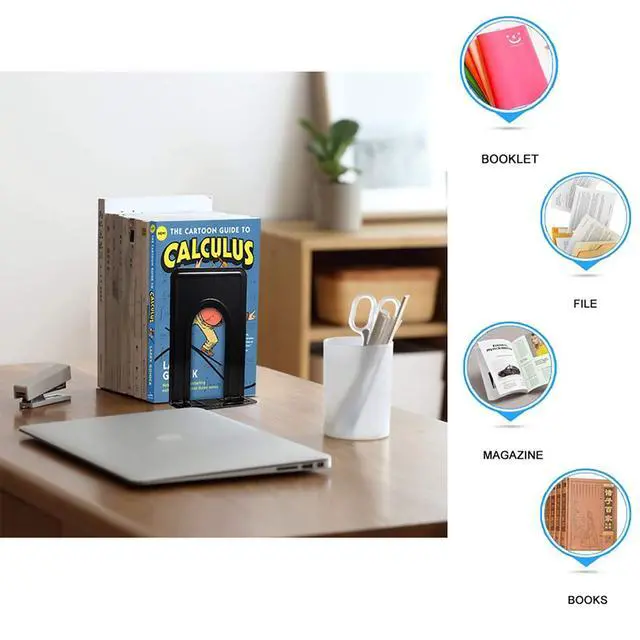 Alt view image 5 of 6 - Metal Book Ends for Shelves, Book Shelf Holder Home Decorative, Book Ends for Heavy Books/Movies/CDs, Black 6.5 x 5 x 5.7 in, 4 Pair/ 8 Piece | Book Ends for Heavy Books/Movies/CDs