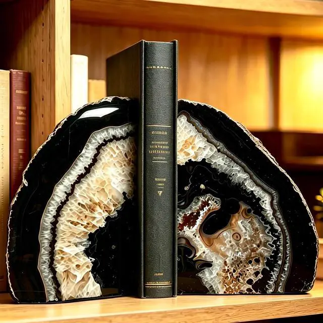 Main image of Geode Bookends Heavy Duty Natural Crystal Stone Book Holders Decor | Polished Stone Book Stoppers Supports Home Office Decor with Rubber Bumpers Natural Black 1 Pair, 2-3 LBS
