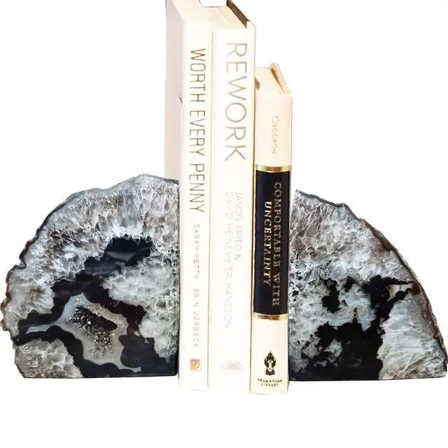 Alt view image 5 of 7 - Geode Bookends Heavy Duty Natural Crystal Stone Book Holders Decor | Polished Stone Book Stoppers Supports Home Office Decor with Rubber Bumpers Natural Black 1 Pair, 2-3 LBS