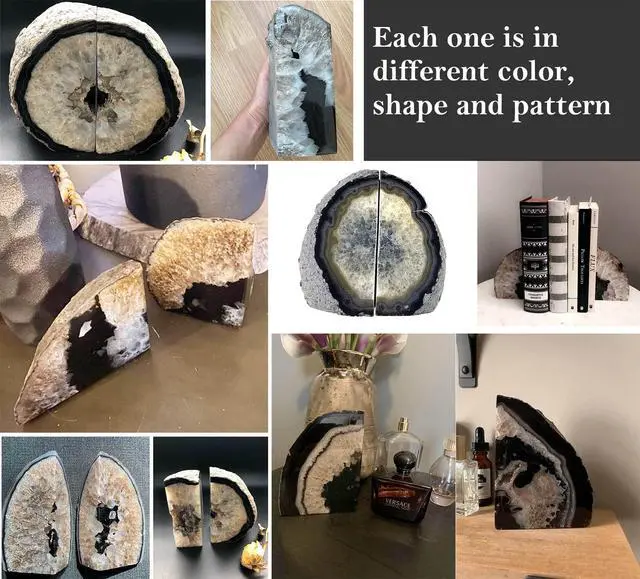 Alt view image 7 of 7 - Geode Bookends Heavy Duty Natural Crystal Stone Book Holders Decor | Polished Stone Book Stoppers Supports Home Office Decor with Rubber Bumpers Natural Black 1 Pair, 2-3 LBS