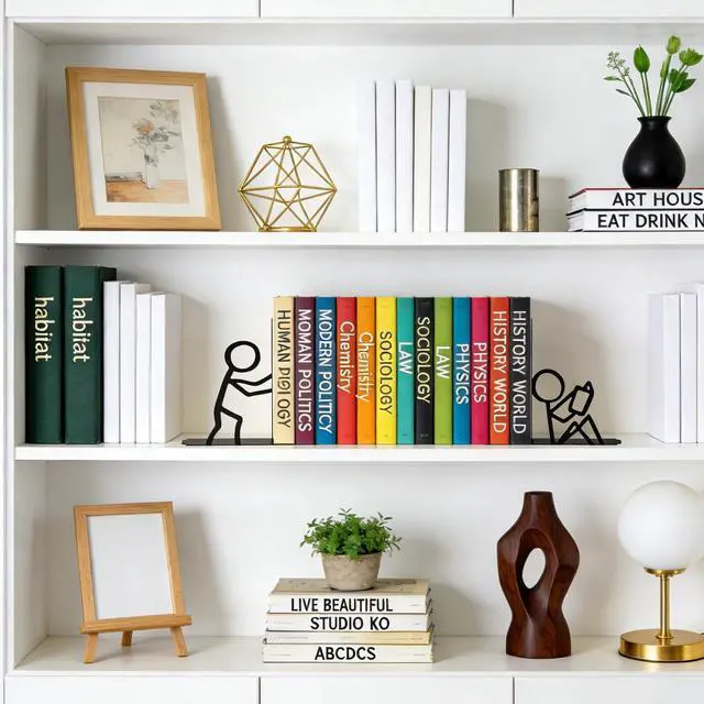 Alt view image 2 of 7 - Decorative Book Ends for Shelves,Cute Metal Decor,Black | Non-Skid Book Stopper,L-Shaped Design,Anti-Slip Base,Sturdy Build,Office Desk Organizer,Reader Gift