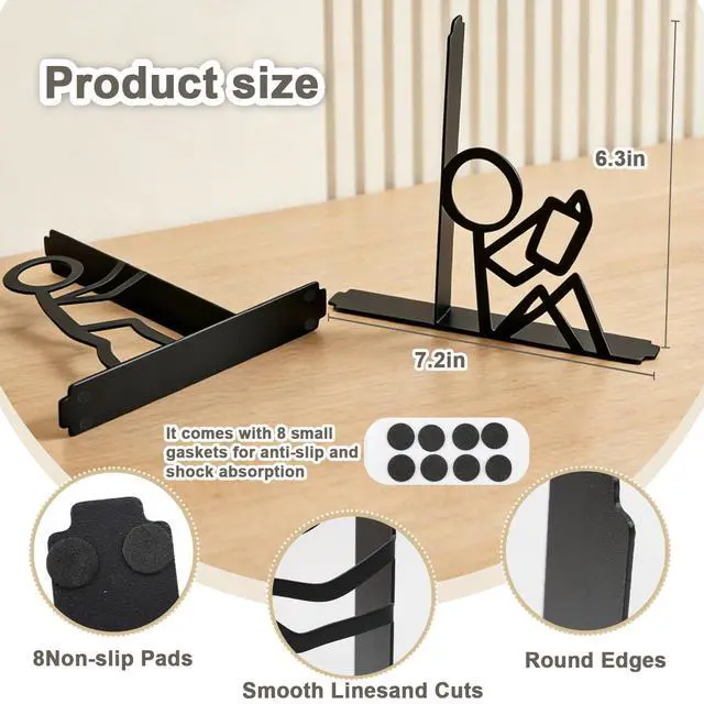Alt view image 3 of 7 - Decorative Book Ends for Shelves,Cute Metal Decor,Black | Non-Skid Book Stopper,L-Shaped Design,Anti-Slip Base,Sturdy Build,Office Desk Organizer,Reader Gift