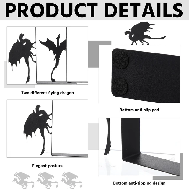 Alt view image 3 of 6 - Dragon Metal Bookends Set of 2, Gothic Book Ends for Shelves Desk