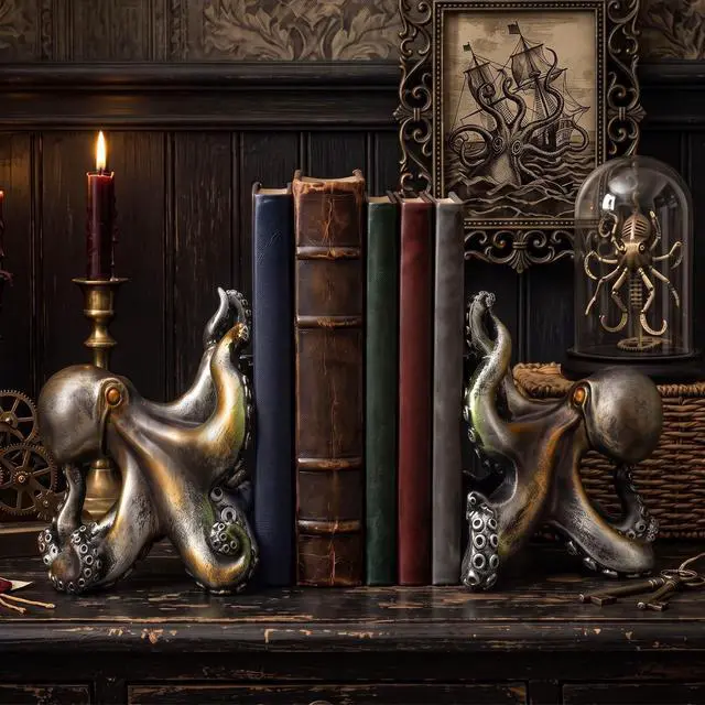 Alt view image 2 of 7 - Decorative Octopus Bookends 6.25 Inch for Shelf Desk Decor | Vintage Bronze Patina Finish, Nautical Coastal Book Ends, Sea Monster Kraken Resin Book Stopper Holder, Home Office Gifts