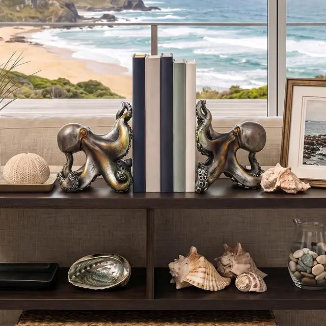 Alt view image 4 of 7 - Decorative Octopus Bookends 6.25 Inch for Shelf Desk Decor | Vintage Bronze Patina Finish, Nautical Coastal Book Ends, Sea Monster Kraken Resin Book Stopper Holder, Home Office Gifts