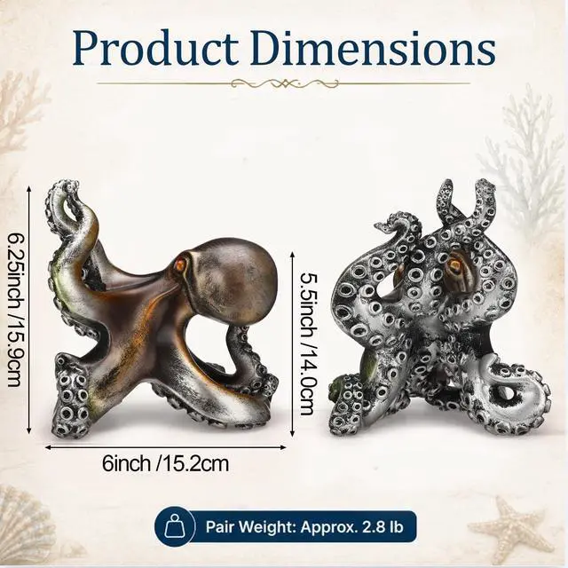 Alt view image 3 of 7 - Decorative Octopus Bookends 6.25 Inch for Shelf Desk Decor | Vintage Bronze Patina Finish, Nautical Coastal Book Ends, Sea Monster Kraken Resin Book Stopper Holder, Home Office Gifts
