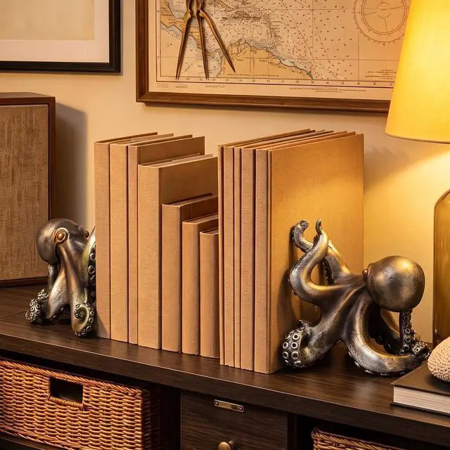 Alt view image 7 of 7 - Decorative Octopus Bookends 6.25 Inch for Shelf Desk Decor | Vintage Bronze Patina Finish, Nautical Coastal Book Ends, Sea Monster Kraken Resin Book Stopper Holder, Home Office Gifts