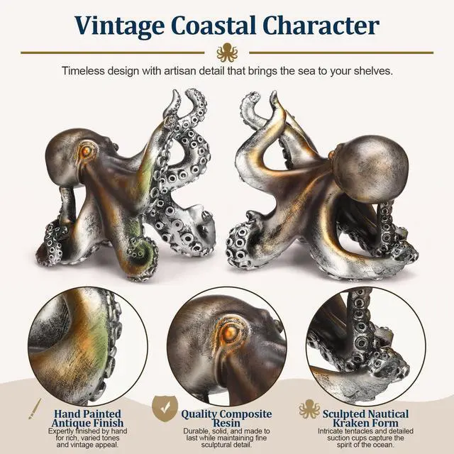 Alt view image 6 of 7 - Decorative Octopus Bookends 6.25 Inch for Shelf Desk Decor | Vintage Bronze Patina Finish, Nautical Coastal Book Ends, Sea Monster Kraken Resin Book Stopper Holder, Home Office Gifts