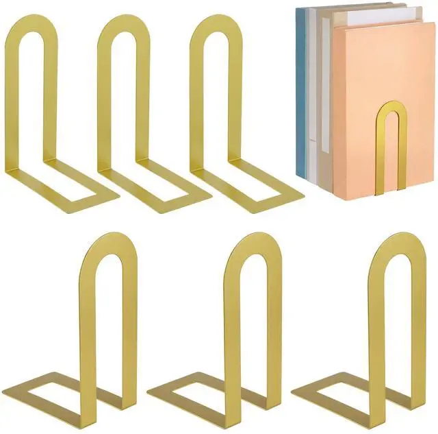 Main image of 6 Pcs Metal Book Ends, Minimalist Gold, 5.5 * 3.75 * 2.25inch | Decorative Bookends for Shelves, Stackable Organizer for Home Office, Geometric Design Holds Books Upright, Dorm Decor