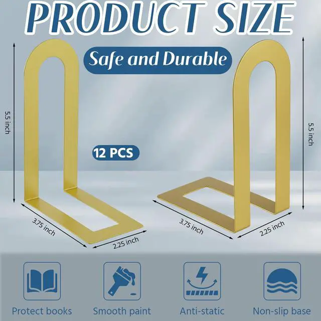Alt view image 3 of 7 - 6 Pcs Metal Book Ends, Minimalist Gold, 5.5 * 3.75 * 2.25inch | Decorative Bookends for Shelves, Stackable Organizer for Home Office, Geometric Design Holds Books Upright, Dorm Decor
