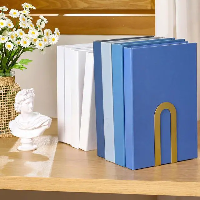 Alt view image 5 of 7 - 6 Pcs Metal Book Ends, Minimalist Gold, 5.5 * 3.75 * 2.25inch | Decorative Bookends for Shelves, Stackable Organizer for Home Office, Geometric Design Holds Books Upright, Dorm Decor