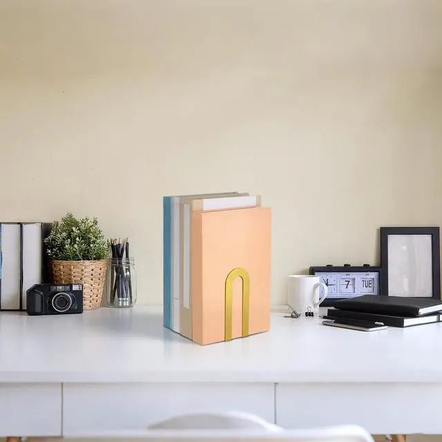 Alt view image 7 of 7 - 6 Pcs Metal Book Ends, Minimalist Gold, 5.5 * 3.75 * 2.25inch | Decorative Bookends for Shelves, Stackable Organizer for Home Office, Geometric Design Holds Books Upright, Dorm Decor