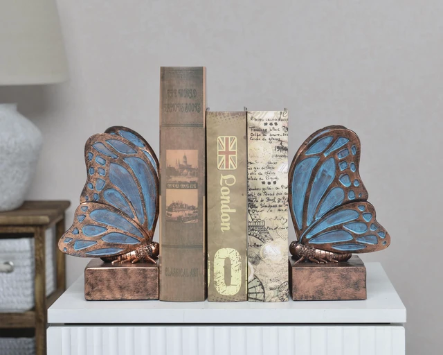 Alt view image 2 of 7 - Vintage Blue Butterfly Bookends,Resin Book Ends for Shelves,Heavy Duty Decorative Bookends,Creative Book Stopper Holder Decor for Desk Home Office,Shelf Decoration,Gifts for Mother's Day