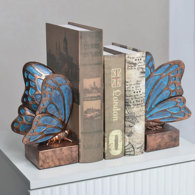 Alt view image 5 of 7 - Vintage Blue Butterfly Bookends,Resin Book Ends for Shelves,Heavy Duty Decorative Bookends,Creative Book Stopper Holder Decor for Desk Home Office,Shelf Decoration,Gifts for Mother's Day