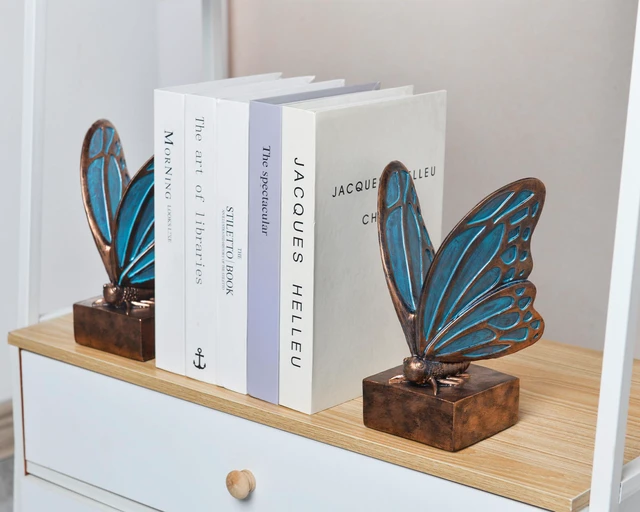 Alt view image 6 of 7 - Vintage Blue Butterfly Bookends,Resin Book Ends for Shelves,Heavy Duty Decorative Bookends,Creative Book Stopper Holder Decor for Desk Home Office,Shelf Decoration,Gifts for Mother's Day