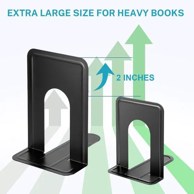 Alt view image 2 of 7 - 8.5 in Extra Large Heavy Duty Metal Book Ends, Bookends for Shelves | Universal Premium Non-skid Bookend, Black Book Stopper for Books/Movies/CDs/Games, 8.5 x 5.9 x 7.8 in, 2 Pairs/ XL