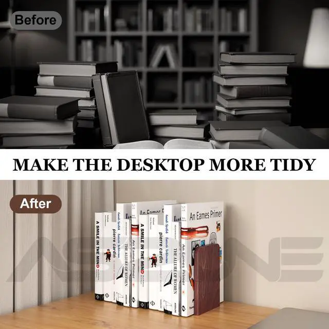 Alt view image 4 of 6 - Book Ends 1Pair Wooden Heavy Duty Non Slip Book for Shelf Books & Media | Sturdy wooden bookends with anti-slip design, hold hardcover books, DVDs and movies neatly on desktop and bookshelf