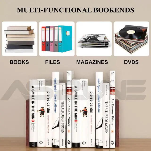 Alt view image 6 of 6 - Book Ends 1Pair Wooden Heavy Duty Non Slip Book for Shelf Books & Media | Sturdy wooden bookends with anti-slip design, hold hardcover books, DVDs and movies neatly on desktop and bookshelf