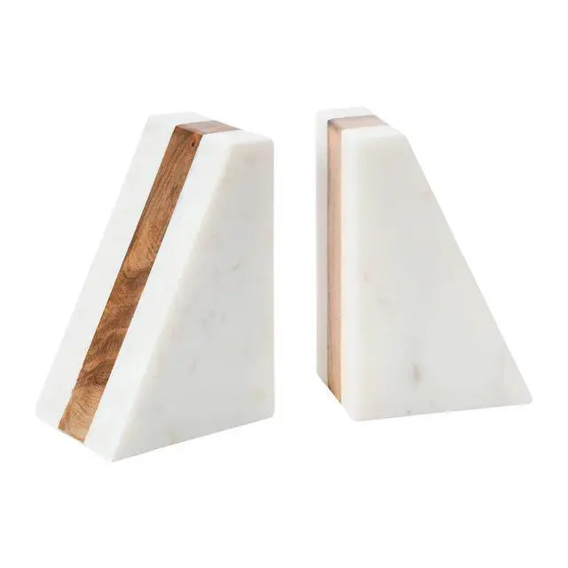 Main image of Marble Geometric Bookends with Wood Inlay, White