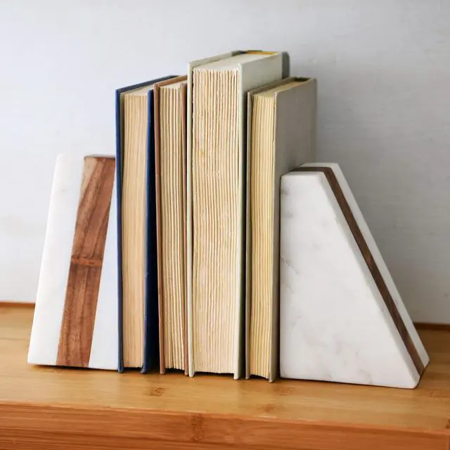 Alt view image 3 of 7 - Marble Geometric Bookends with Wood Inlay, White