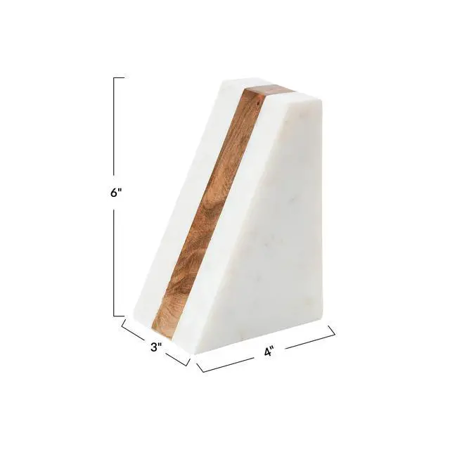 Alt view image 4 of 7 - Marble Geometric Bookends with Wood Inlay, White