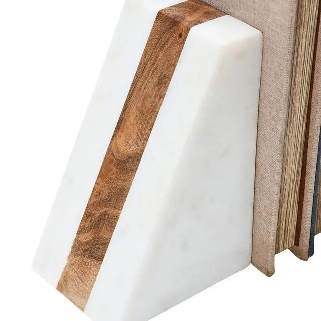 Alt view image 5 of 7 - Marble Geometric Bookends with Wood Inlay, White
