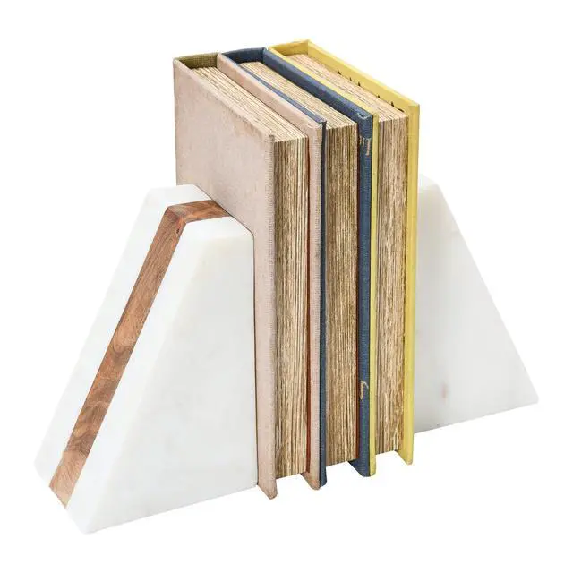 Alt view image 7 of 7 - Marble Geometric Bookends with Wood Inlay, White