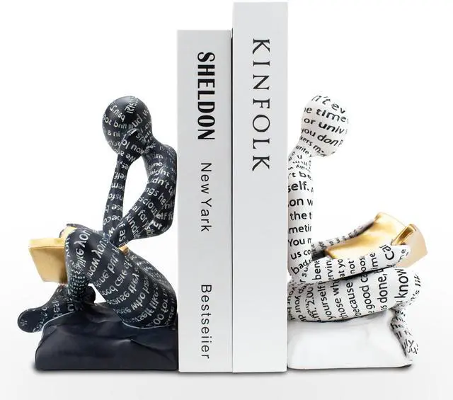 Main image of Heavy Duty Book Ends for Shelves, Thinker Decorative Bookends for Heavy Books, Unique Book Stoppers to Hold Book, Bookshelf Accessories, Modern Home Office Decor Aesthetic Black & White