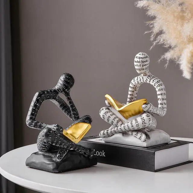 Alt view image 2 of 6 - Heavy Duty Book Ends for Shelves, Thinker Decorative Bookends for Heavy Books, Unique Book Stoppers to Hold Book, Bookshelf Accessories, Modern Home Office Decor Aesthetic Black & White