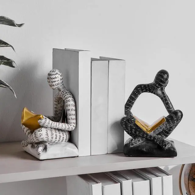 Alt view image 3 of 6 - Heavy Duty Book Ends for Shelves, Thinker Decorative Bookends for Heavy Books, Unique Book Stoppers to Hold Book, Bookshelf Accessories, Modern Home Office Decor Aesthetic Black & White