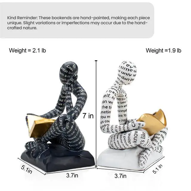 Alt view image 4 of 6 - Heavy Duty Book Ends for Shelves, Thinker Decorative Bookends for Heavy Books, Unique Book Stoppers to Hold Book, Bookshelf Accessories, Modern Home Office Decor Aesthetic Black & White