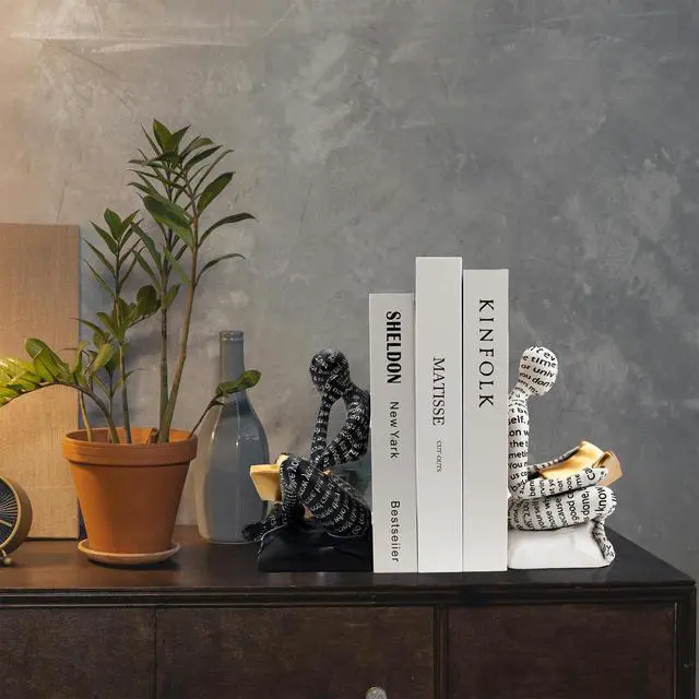 Alt view image 5 of 6 - Heavy Duty Book Ends for Shelves, Thinker Decorative Bookends for Heavy Books, Unique Book Stoppers to Hold Book, Bookshelf Accessories, Modern Home Office Decor Aesthetic Black & White