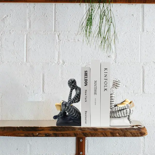 Alt view image 6 of 6 - Heavy Duty Book Ends for Shelves, Thinker Decorative Bookends for Heavy Books, Unique Book Stoppers to Hold Book, Bookshelf Accessories, Modern Home Office Decor Aesthetic Black & White