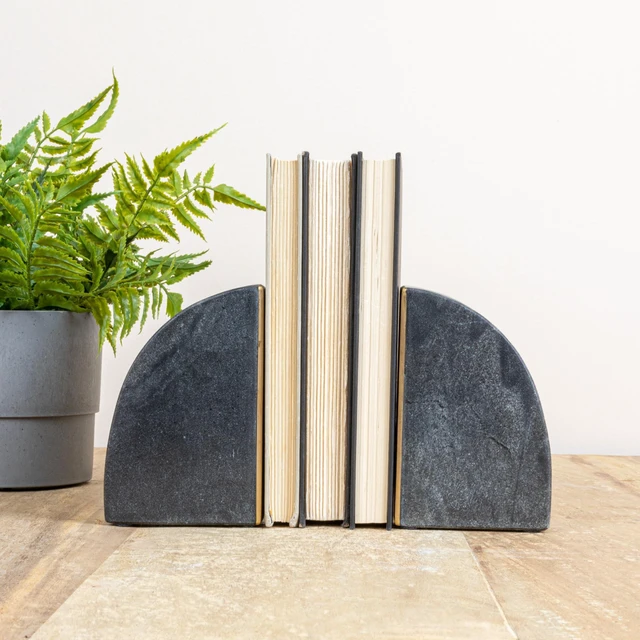 Alt view image 6 of 7 - Boho Arched Semicircle Marble Bookends with Brass Detail, Set of 2, Black