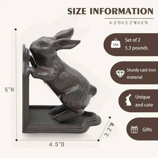 Alt view image 2 of 7 - Decorative Book Ends Cast Iron Cute Bunny Bookends,Vintage Heavy Duty Book Ends for Shelves,Book Ends for Heavy Books, 5.3lbs