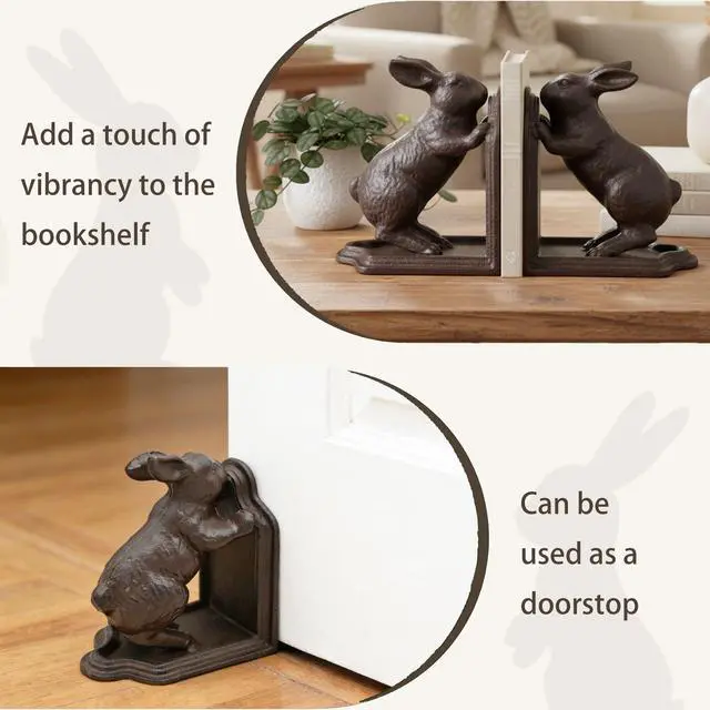 Alt view image 3 of 7 - Decorative Book Ends Cast Iron Cute Bunny Bookends,Vintage Heavy Duty Book Ends for Shelves,Book Ends for Heavy Books, 5.3lbs