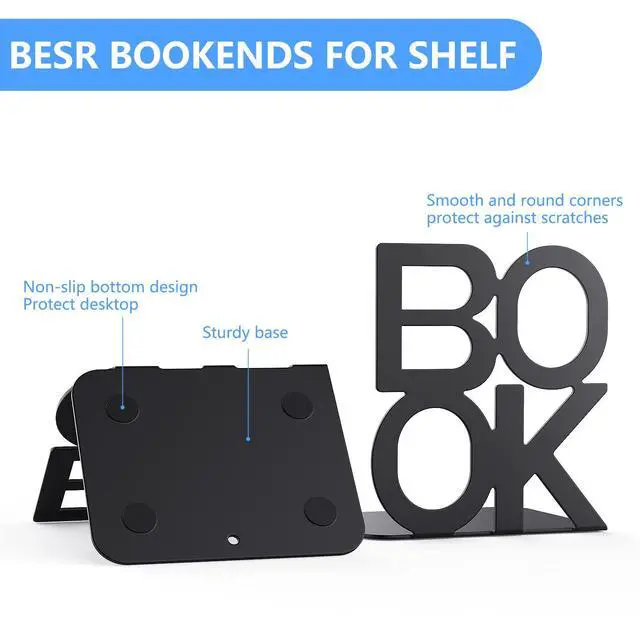 Alt view image 4 of 6 - Book Ends Black Metal BookEnds for Bookrack Desk,Books | Non-Skid Metal Book End Stopper for Books/CDs/DVDs