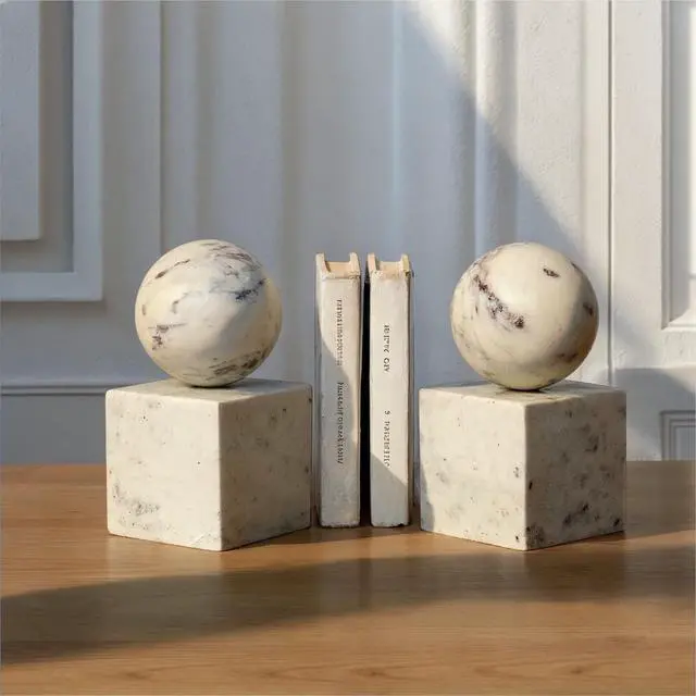Alt view image 7 of 7 - 2-Piece Marble Geometric Bookends, White