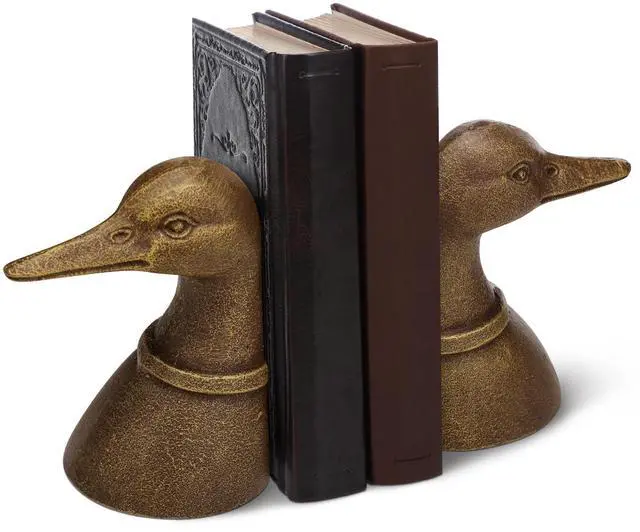 Main image of Vintage Brass Color Decorative Distressed Cast Metal Duck Head Bookends, Metal Duck Book Ends for Shelves, 5.91 x 4.33 x 3.35 Inches, Rustic Vintage Home Office Organizer Set of 2