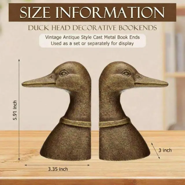 Alt view image 2 of 7 - Vintage Brass Color Decorative Distressed Cast Metal Duck Head Bookends, Metal Duck Book Ends for Shelves, 5.91 x 4.33 x 3.35 Inches, Rustic Vintage Home Office Organizer Set of 2